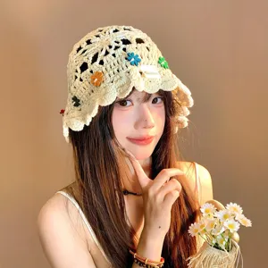 Handcrafted crochet hollow flower bucket hat, Japanese retro style, cute summer sun protection.