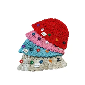 Handmade crochet hollow flower bucket hat women Japanese retro sun protection summer new hat