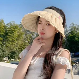 Summer women sun protection empty top hat wide brim ruffle sunhat stylish outdoor travel sun hat