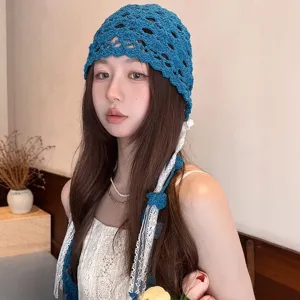 Women Hollow Lace Tassel Beanie Hat Spring Summer Casual Breathable Knitted Sun Protection Cap Vintage Headwear