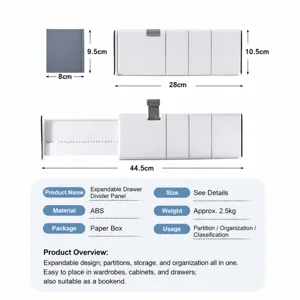 Einstellbarer Schubladenteiler Detailansicht zeigt die Längenausdehnung von 28cm bis 44,5cm.