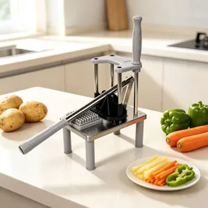 Stainless steel manual french fry cutter and vegetable slicer for kitchen use detail view.