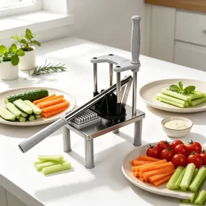 Stainless steel manual french fry cutter and vegetable slicer detail showing durable press handle.