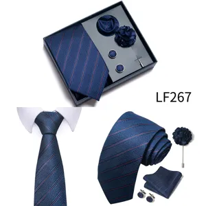 Men blue jacquard striped tie gift box set with pocket square cufflinks lapel pin for business.
