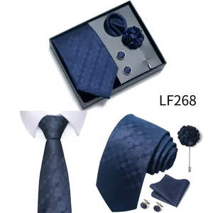 Men's navy blue jacquard tie gift box set with pocket square cufflinks and lapel flower for business