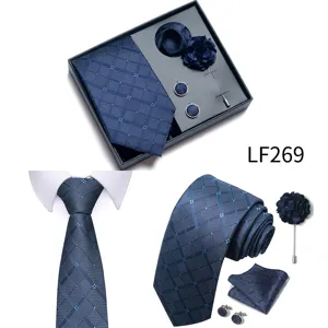 Men luxury navy blue jacquard tie set gift box with pocket square cufflinks lapel pin