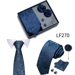 Men's blue paisley tie set gift box including tie pocket square cufflinks and lapel pin.