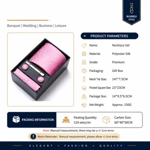 Men's silk tie set in gift box with pocket square and cufflinks for business wedding.