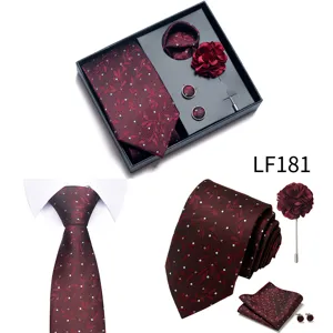 Set de regalo de corbata burdeos con flores para hombre, corbata, pañuelo, gemelos y flor de solapa.