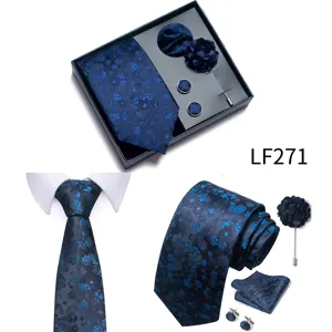 Men's navy blue floral jacquard tie pocket square cufflinks lapel flower gift box set.