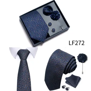 Men's jacquard tie gift set detail view, showing exquisite tie, pocket square, and cufflinks.