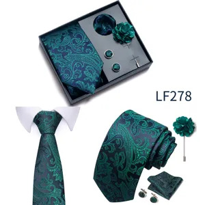 Detailed showcase of the men's jacquard paisley tie pocket square cufflinks and lapel pin gift box