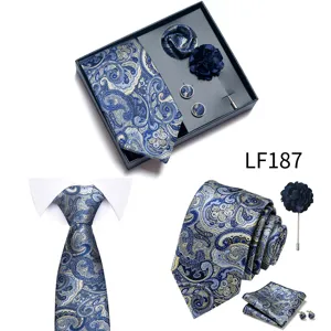 Elegante set de corbata azul para hombre con pañuelo gemelos caja de regalo cachemira