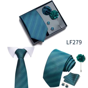 Men's jacquard striped tie gift box set, elegant teal necktie with matching pocket square.