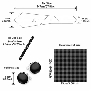Tabella guida alle taglie dettagliata con dimensioni per set cravatta uomo affari.