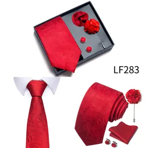 Men's Red Jacquard Tie Gift Box Set Pocket Square Cufflinks Lapel Flower Business Gift