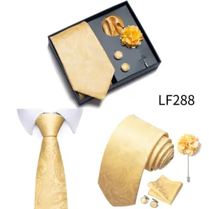 Men yellow paisley tie gift set with pocket square cufflinks lapel pin for business wear