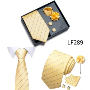 Men's yellow striped jacquard tie set gift box with pocket square cufflinks lapel pin