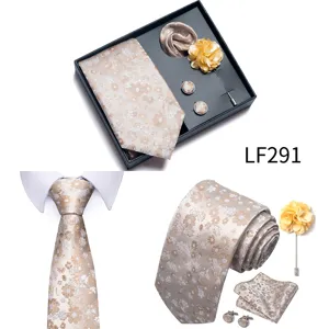 Men's champagne floral jacquard tie pocket square cufflinks lapel pin gift box set