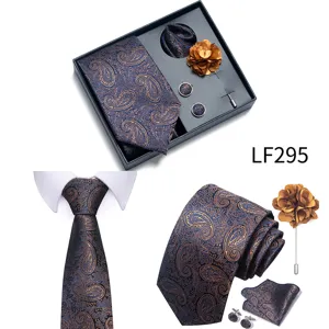 Detailed display showing elegant paisley patterned mens tie and complete gift box set.