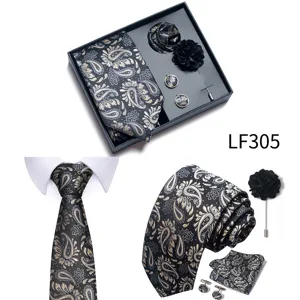 Luxury Men's Jacquard Paisley Tie Pocket Square Cufflinks Lapel Pin Gift Box Set