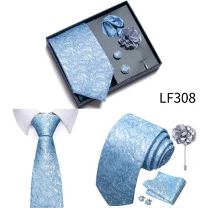 Men's blue jacquard tie set gift box with pocket square cufflinks and lapel pin for business