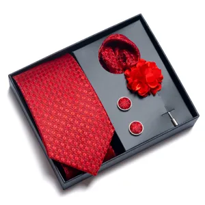 Set de corbata roja para hombre caja de regalo de boda con pañuelo gemelos y alfil.