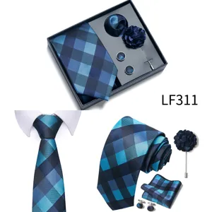 Men's blue plaid jacquard tie gift box set with pocket square cufflinks and lapel pin for business suit.