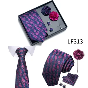 Men's floral jacquard tie gift set detail showcasing elegant cufflinks, pocket square and pin.