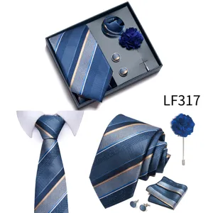 Men jacquard tie gift box set, blue striped necktie cufflinks pocket square detail view.