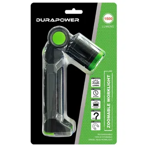 Rechargeable LED worklight with 1500 lumens swivel head for outdoor camping and car repair.