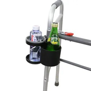 Universal double cup holder for walker wheelchair stroller, portable drink bottle mount accessory.
