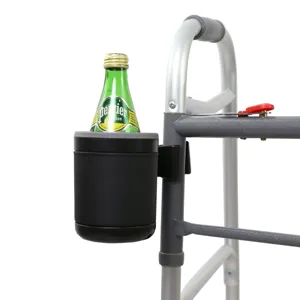 Universal walker cup holder for wheelchair and rollator, with a secure clamp design.
