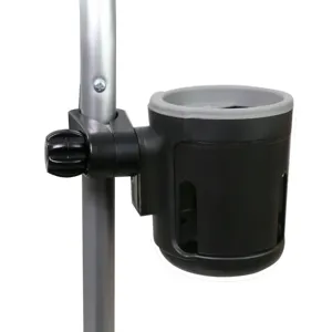 Universal wheelchair cup holder detail, black plastic drink bottle mount for walkers.