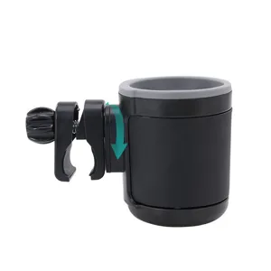 Closeup detail of universal adjustable black cup holder with clamp and rotation mechanism.