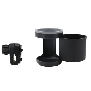 Detailed view of black plastic cup holder with adjustable clamp for walkers and wheelchairs.