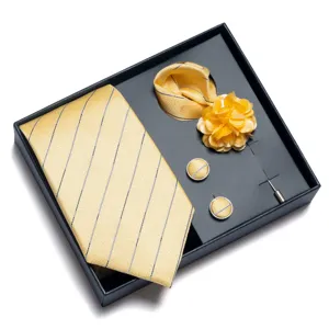 Men's jacquard tie gift set with pocket square cufflinks lapel pin business box yellow