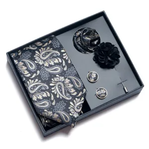 Mens luxury jacquard tie gift box set with cufflinks pocket square and boutonniere for business