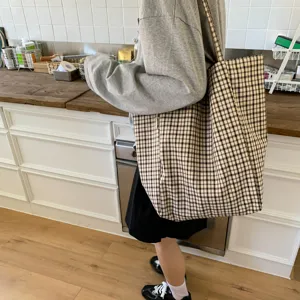 Τσάντα shopper από καμβά με καρό σχέδιο κορεάτικου στιλ, μεγάλη χωρητικότητα ελαφριά.