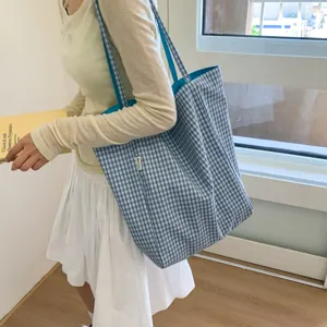 Korean style blue plaid reversible lightweight large capacity canvas tote bag for daily shopping.