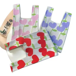 Sac cabas en tricot avec motif floral en cœur mignon, sac à main esthétique décontracté.