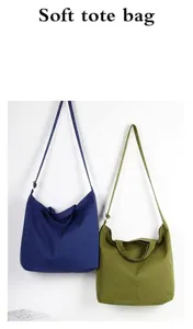 Soft canvas crossbody tote bag in blue and green, detailed view of casual daily carry design.