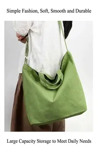 Green canvas crossbody tote bag detail, casual daily shoulder bag with dual handles.