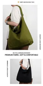 Casual canvas shoulder bag detail view, large capacity cotton crossbody bag in green and black.