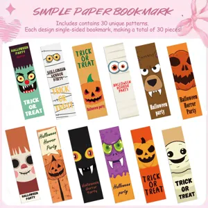 Halloween paper bookmarks set of 30 unique cartoon spooky designs for reading books gifts.