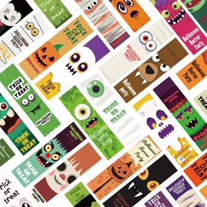 Halloween cartoon bookmark set, assorted spooky monster and pumpkin designs for reading lovers.