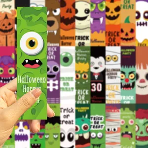Halloween cartoon bookmark set with 30 unique spooky monster and pumpkin designs for reading.