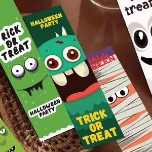 Cute cartoon Halloween bookmarks set with funny monster designs for reading and page marking.