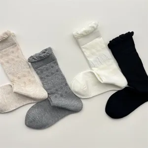 Women's Casual Cotton Blend Mid-Calf Slouch Socks Breathable Mesh Bubble Ruffle Lace Trim Solid Color Cute Fashion Hosiery