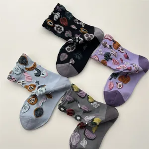 Autumn winter fun fruit vegetable relief mid tube socks, creative 3D embroidered cotton socks.